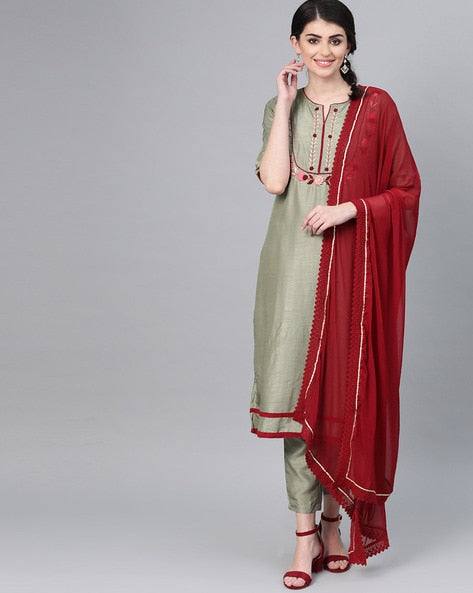 Women's Green Silk Kurta with Trouser & Dupatta by Ishin (3pcs Set)