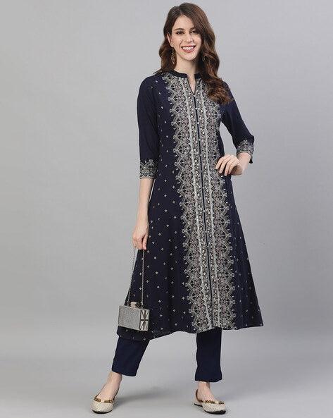 Women's Cotton Navy Blue Embroidered Anarkali Kurta - Ishin - Indiakreations