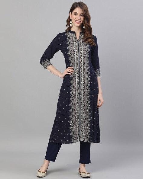 Women's Cotton Navy Blue Embroidered Anarkali Kurta - Ishin - Indiakreations