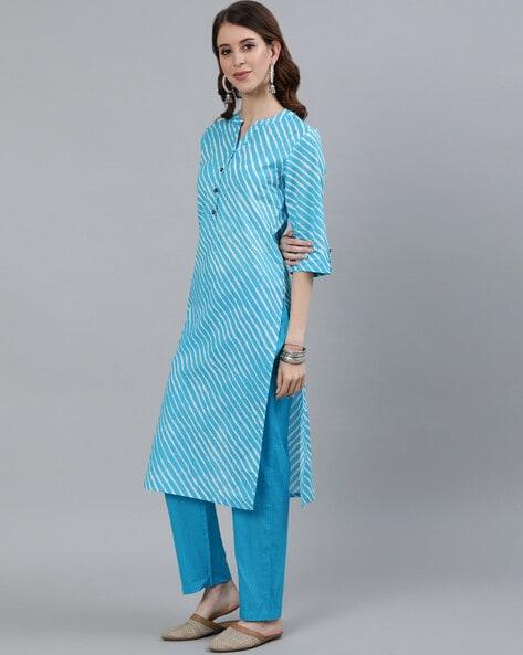 Women's Blue Leheriya Straight Kurta With Trouser - Ishin - Indiakreations