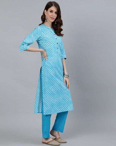 Women's Blue Leheriya Straight Kurta With Trouser - Ishin - Indiakreations