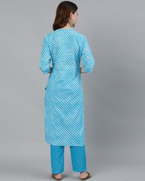 Women's Blue Leheriya Straight Kurta With Trouser - Ishin - Indiakreations