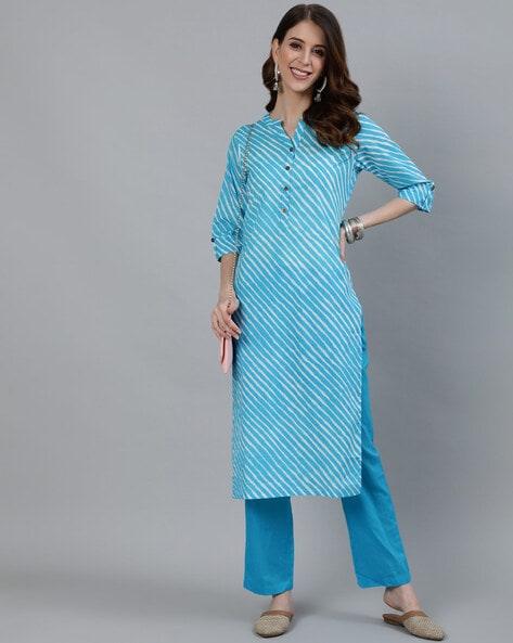 Women's Blue Leheriya Straight Kurta With Trouser - Ishin - Indiakreations