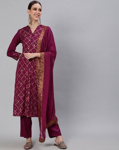 Women Burgundy Silk Kurta with Trouser & Dupatta by Ishin (3pcs Set) - Indiakreations