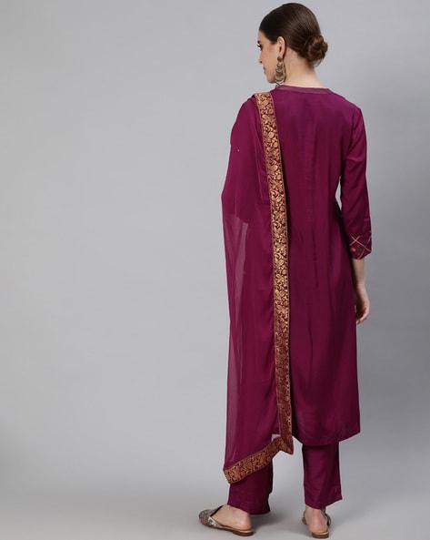 Women Burgundy Silk Kurta with Trouser & Dupatta by Ishin (3pcs Set) - Indiakreations