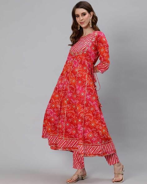 Women Red Anarkali Kurta with Trouser & Dupatta by Ishin (3pcs Set) - Indiakreations