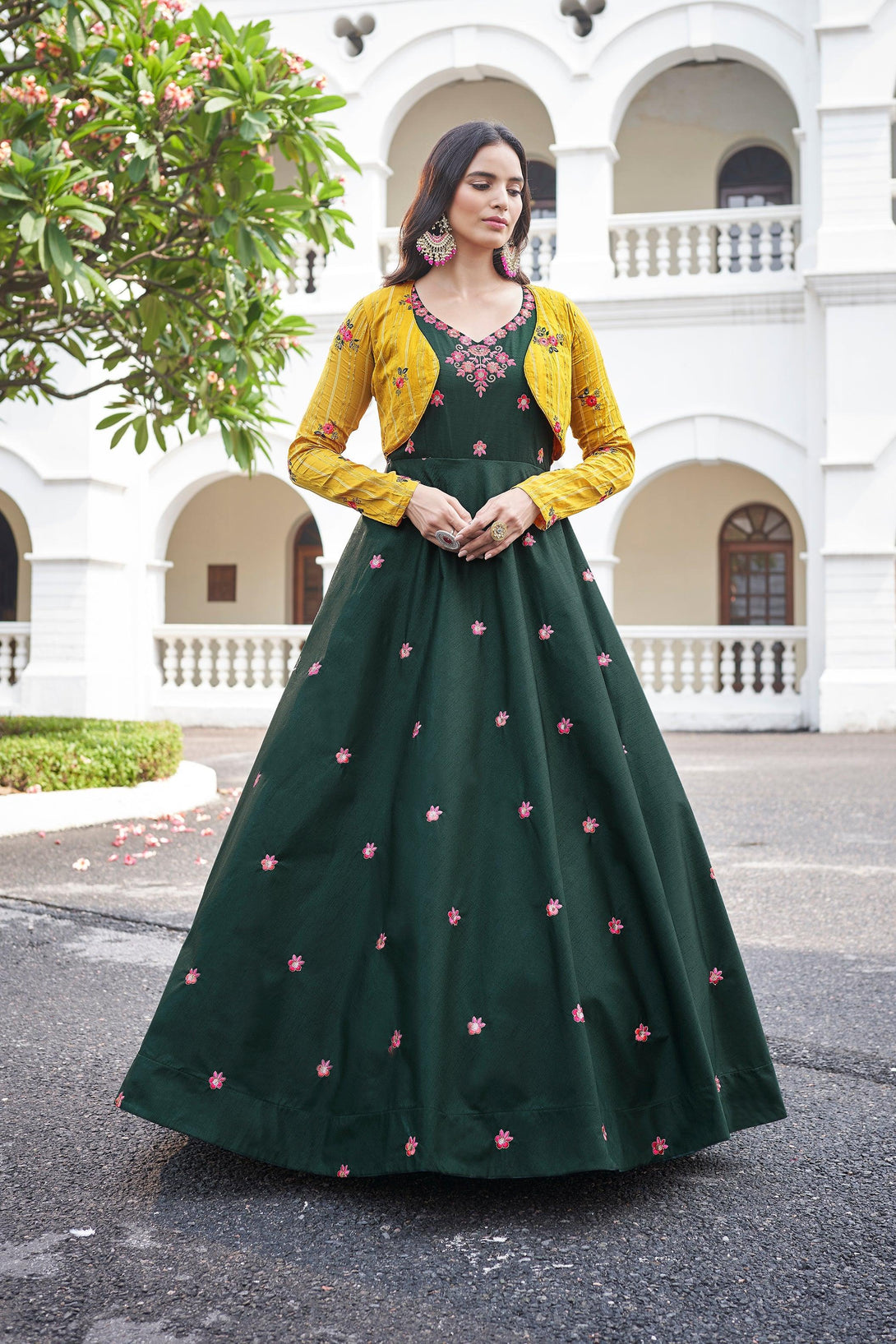 Green Embroidered Work Anarkali Gown With Koti - Indiakreations