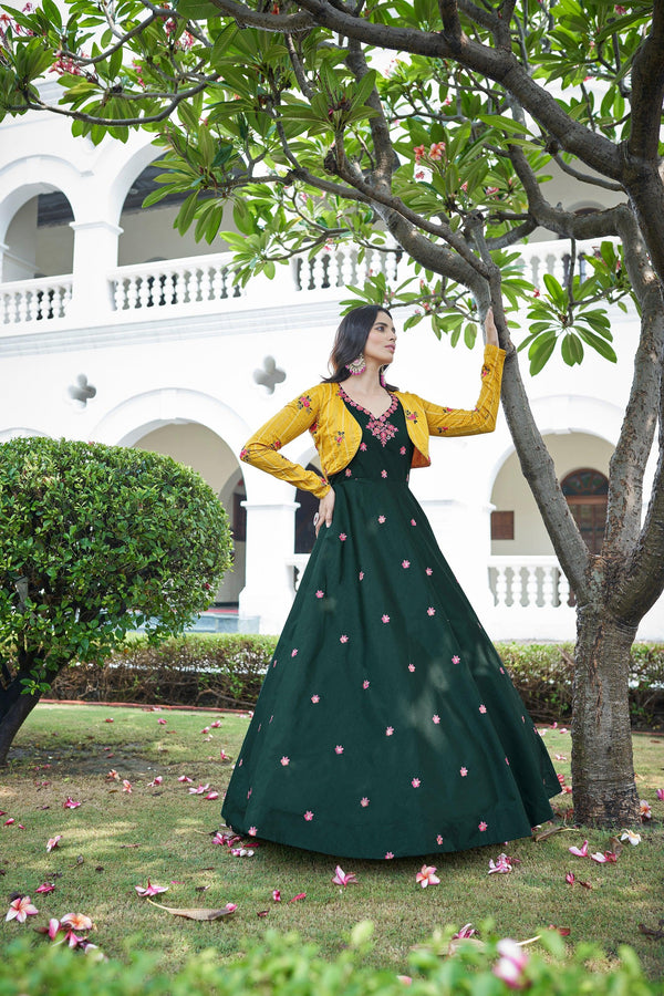 Green Embroidered Work Anarkali Gown With Koti - Indiakreations