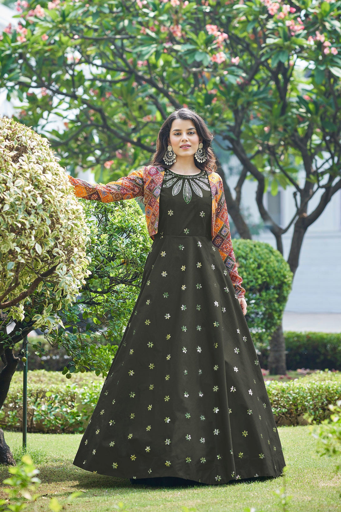 Olive Colour Designer Wedding Wear Gown With Shrug - Indiakreations