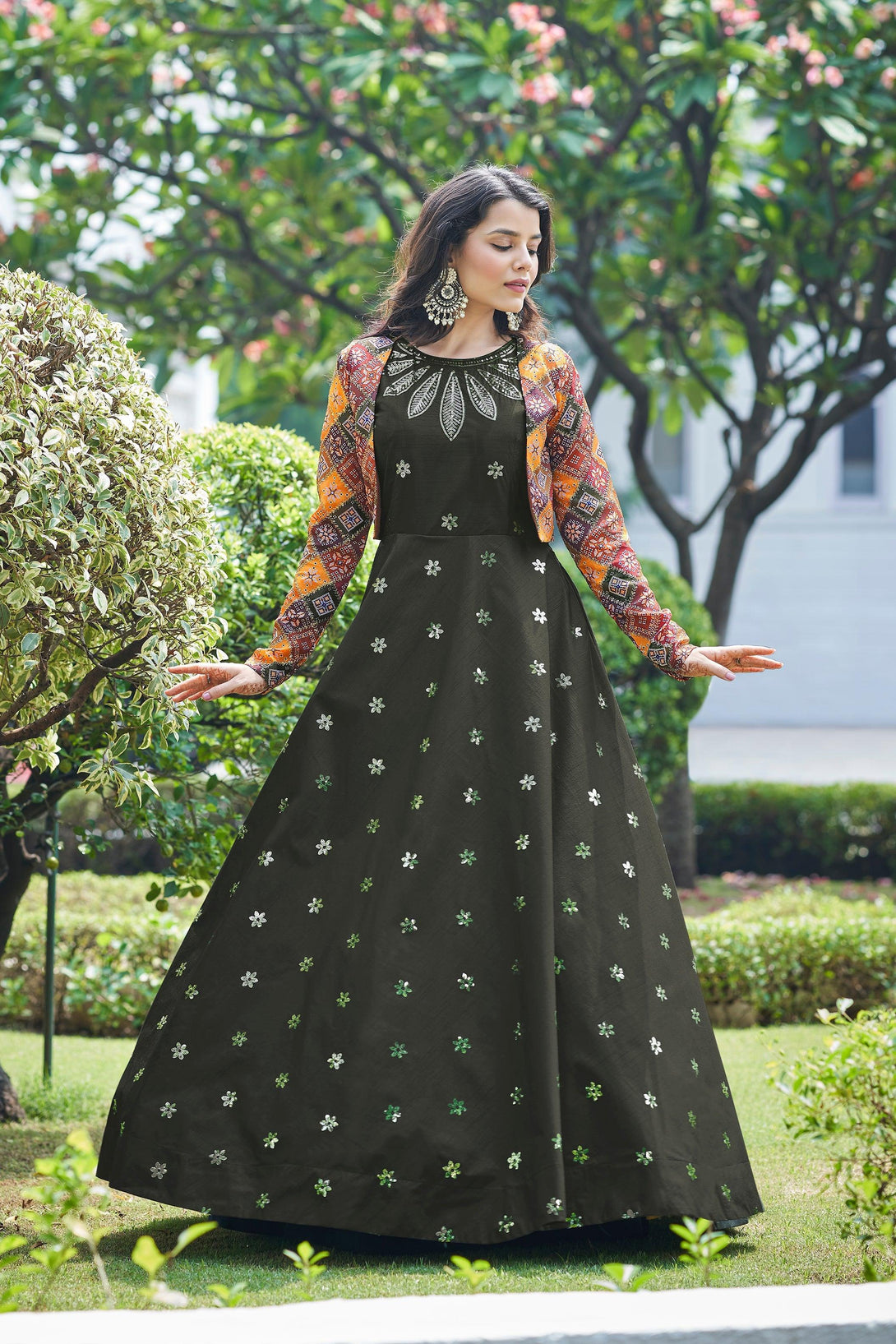 Olive Colour Designer Wedding Wear Gown With Shrug - Indiakreations