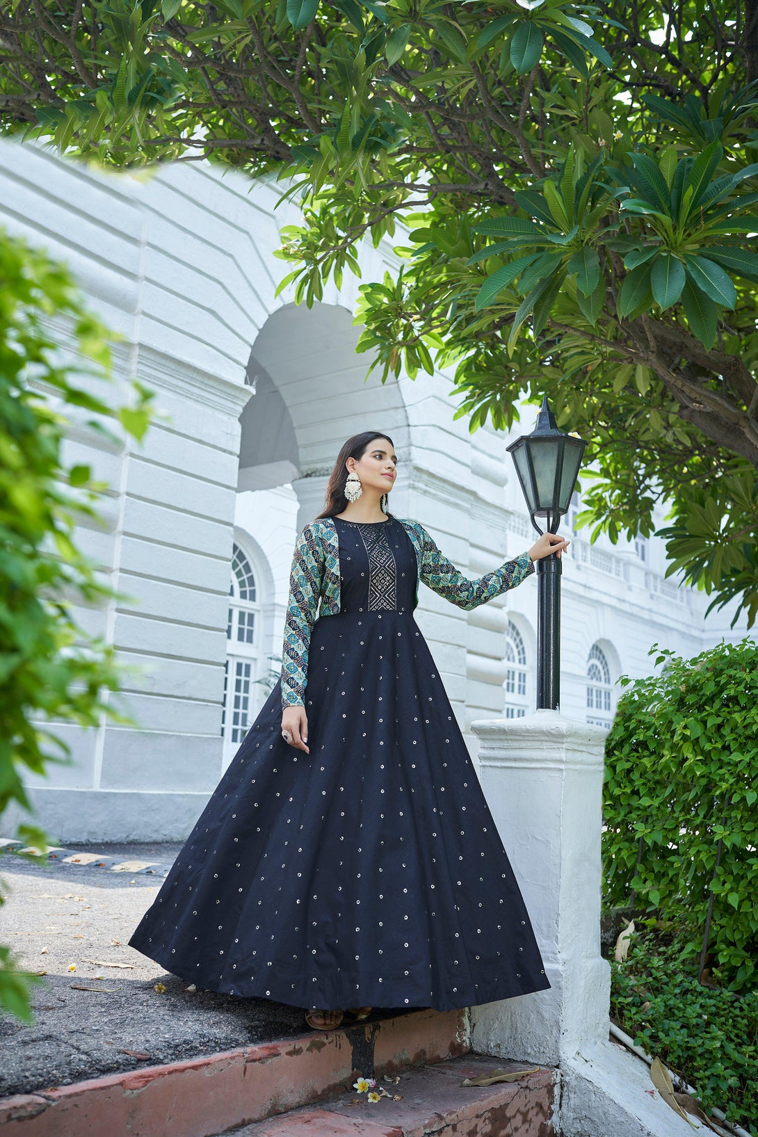 Embroidered Work Anarkali Gown With Koti In Blue - Indiakreations