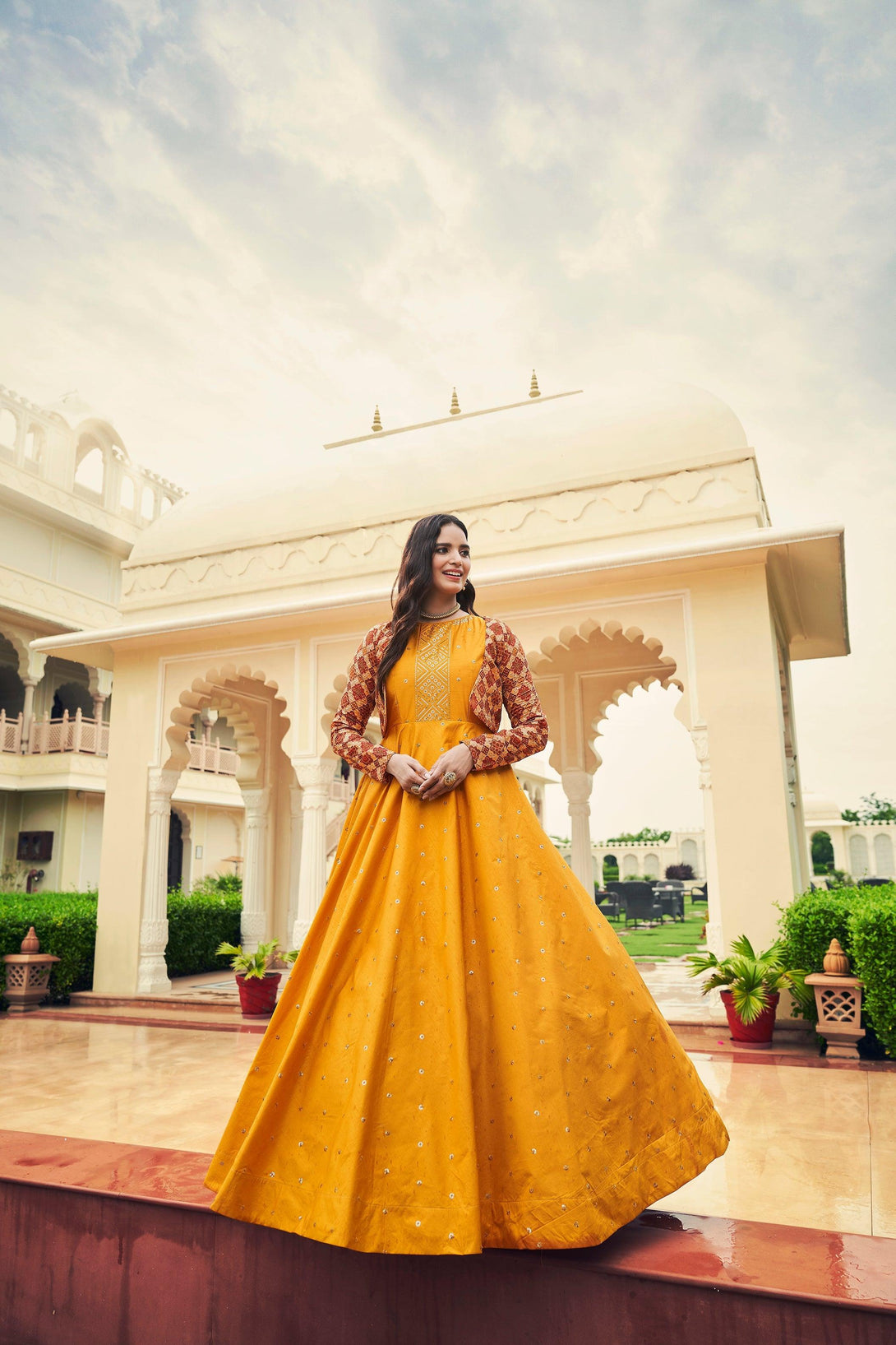 Mustard Yellow Sequence Embroidered Cotton Gown With Koti - Indiakreations