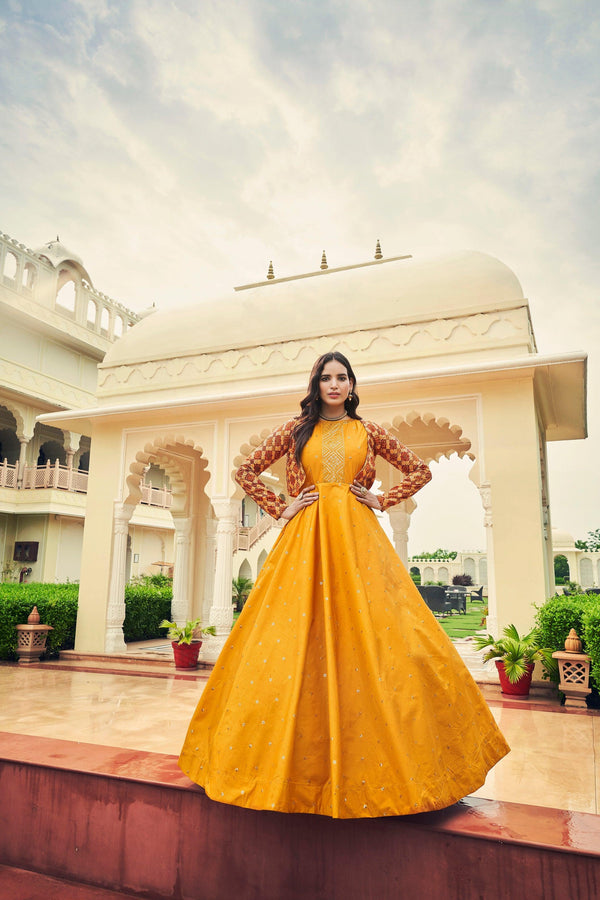 Mustard Yellow Sequence Embroidered Cotton Gown With Koti - Indiakreations