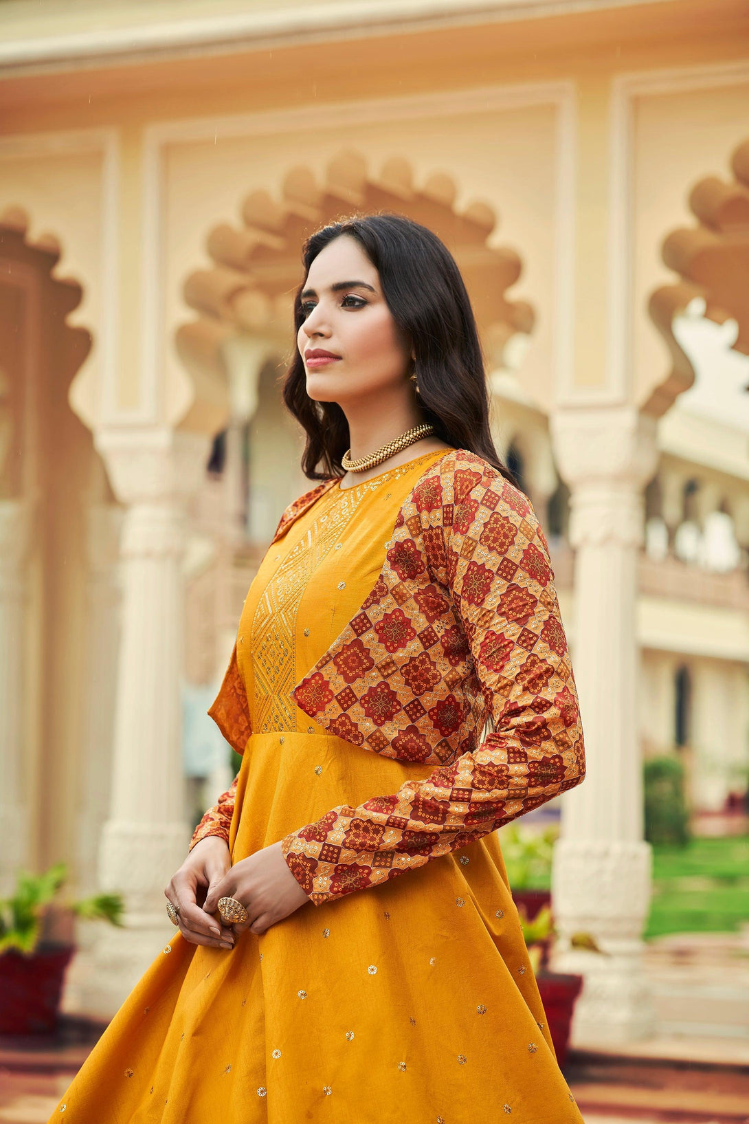 Mustard Yellow Sequence Embroidered Cotton Gown With Koti - Indiakreations