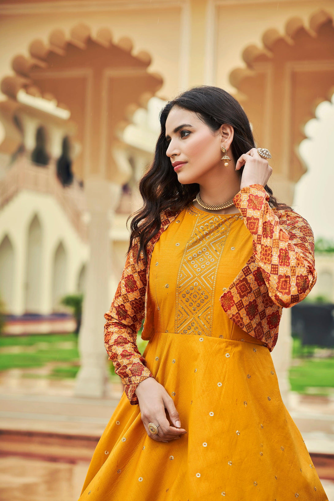 Mustard Yellow Sequence Embroidered Cotton Gown With Koti - Indiakreations