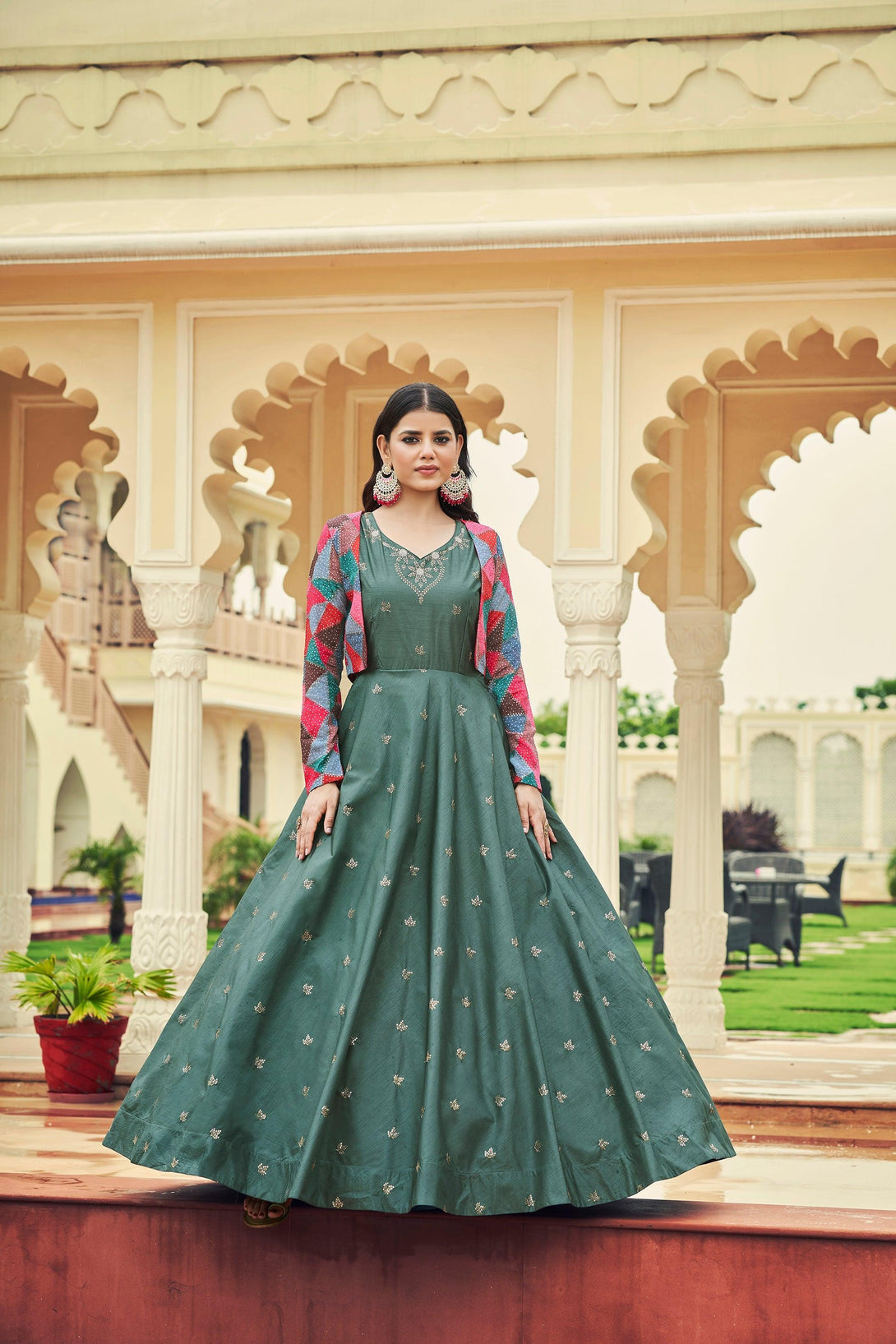 Dusty Green Engagement Gown With Multi Colour Koti - Indiakreations