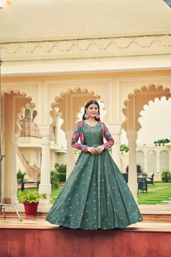 Dusty Green Engagement Gown With Multi Colour Koti - Indiakreations