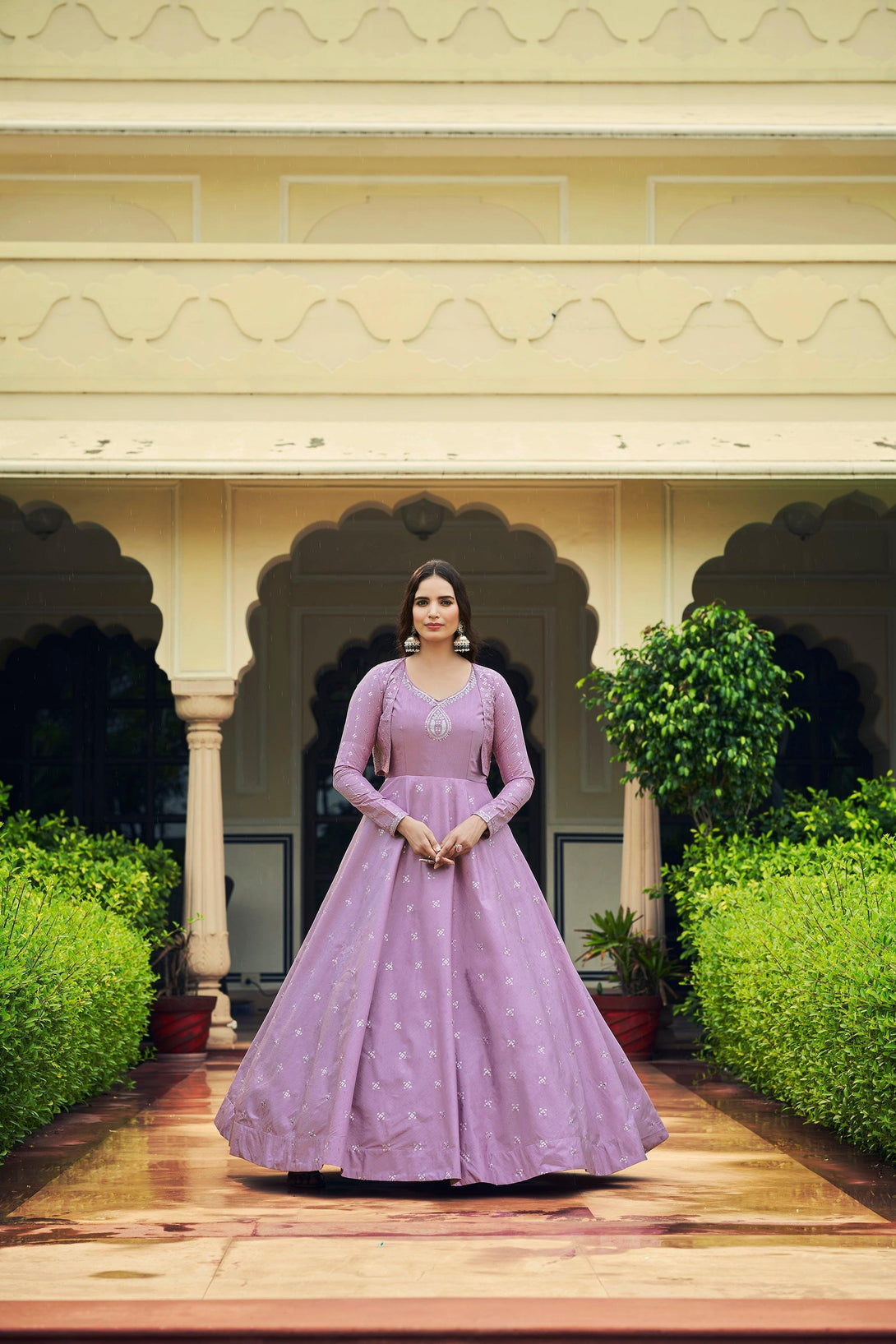 Party Wear Light Purple Long Anarkali Gown With Matching Koti - Indiakreations