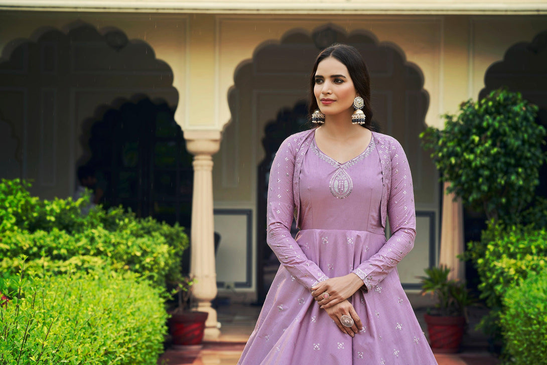 Party Wear Light Purple Long Anarkali Gown With Matching Koti - Indiakreations