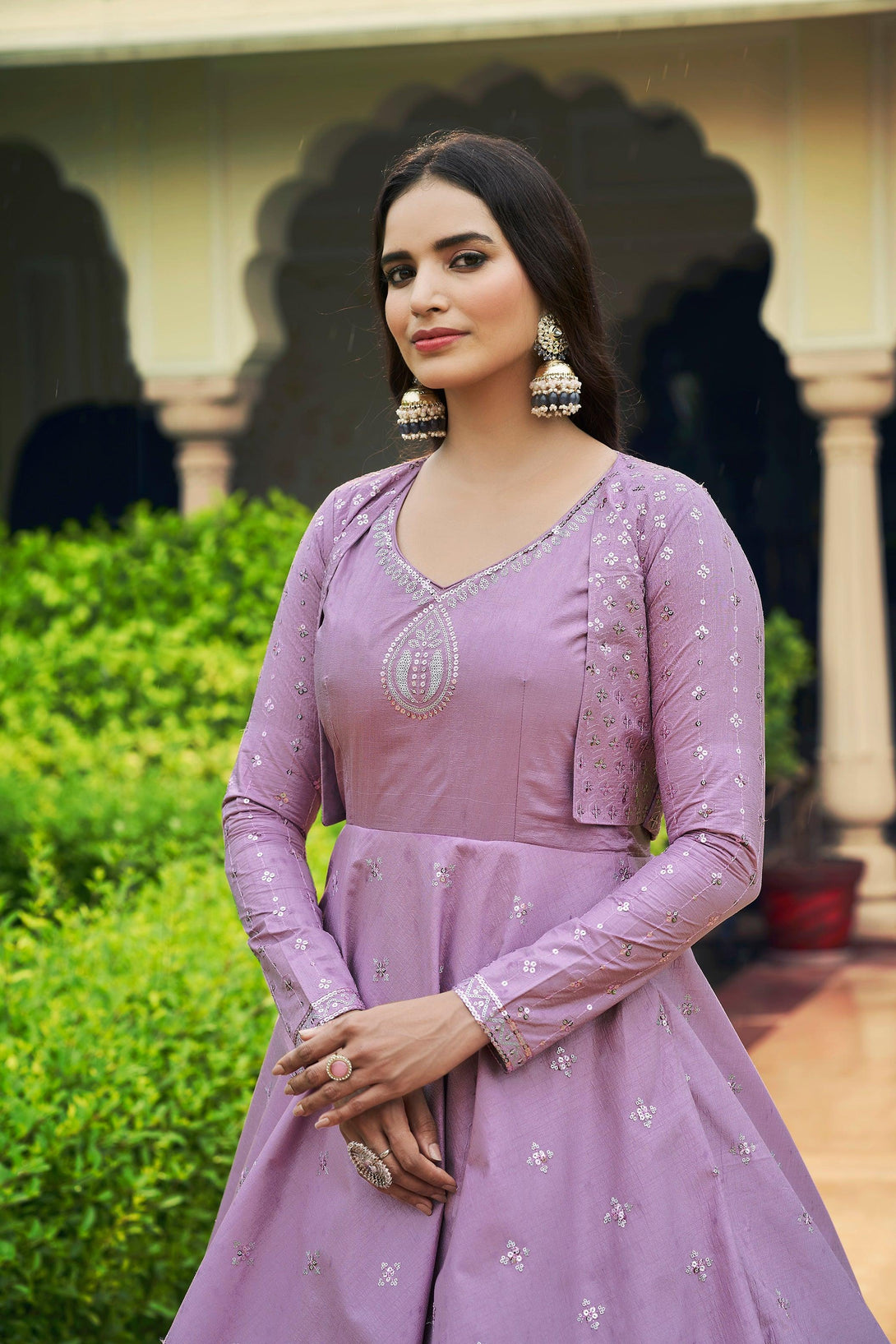 Party Wear Light Purple Long Anarkali Gown With Matching Koti - Indiakreations