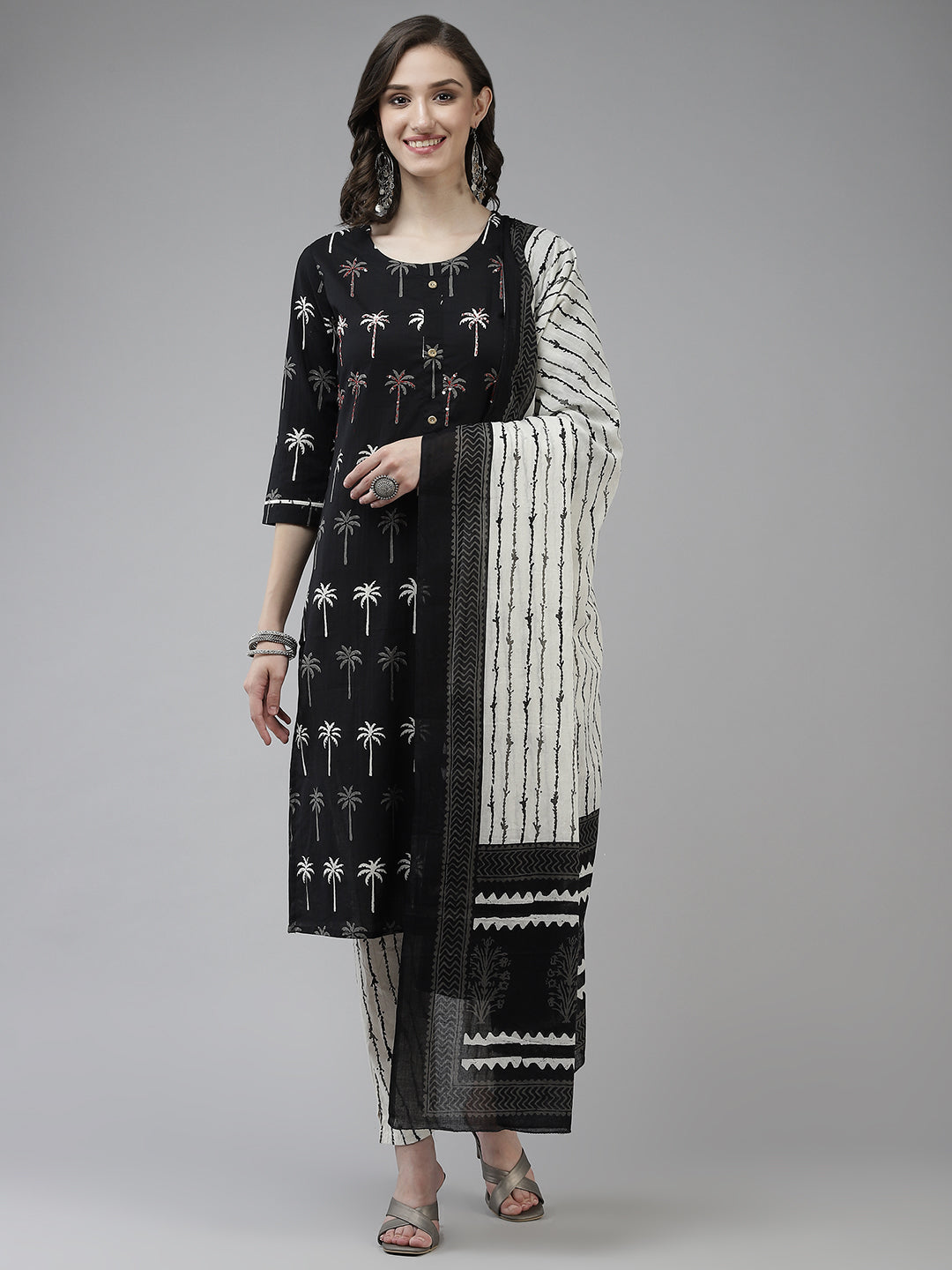 Women's Black And Off White Cotton Kurta With Trouser & Dupatta - Yufta