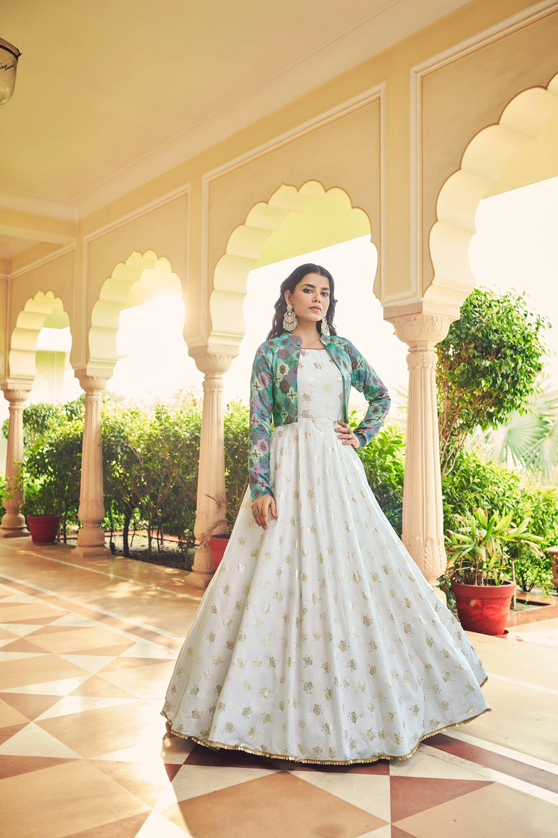 White Sequence Embroidered Cotton Gown With Koti - Indiakreations