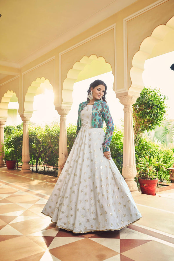 White Sequence Embroidered Cotton Gown With Koti - Indiakreations