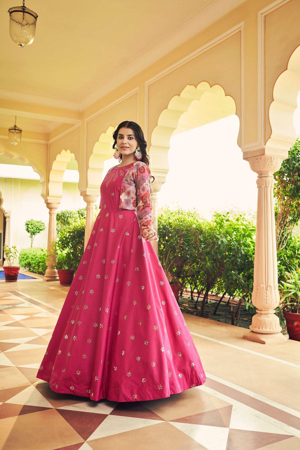 Trendy Rani Pink Cotton Gown With Jacket - Indiakreations