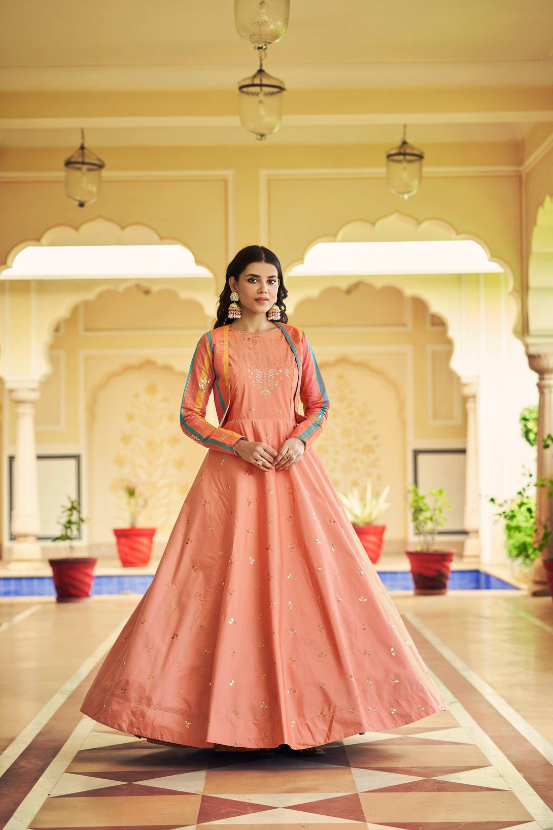 Dazzling Sequence Embroidered Work Anarkali Gown With Koti In Peach - Indiakreations