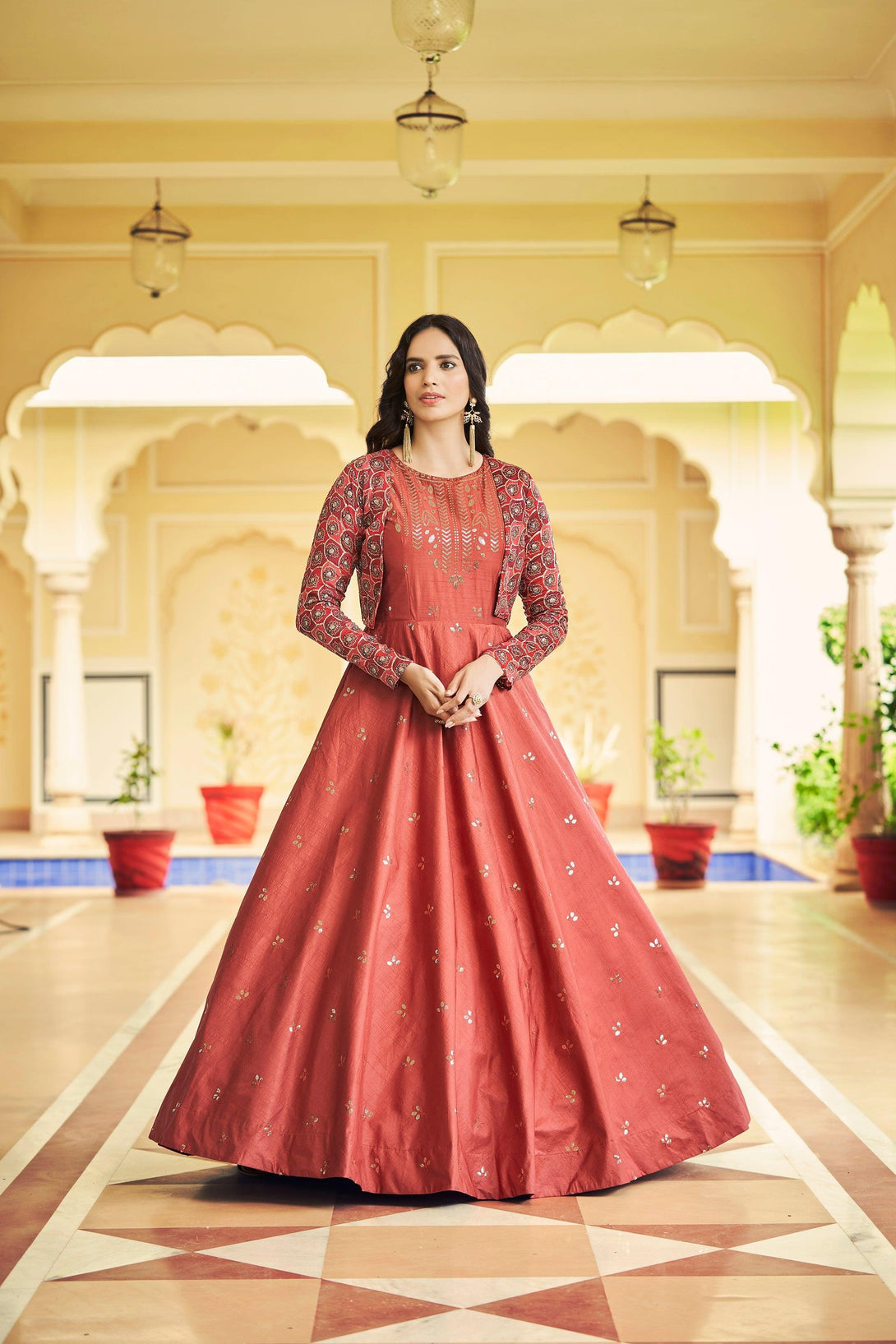 Marvelous Wedding Wear Gown With Shrug In Dusty Orange - Indiakreations