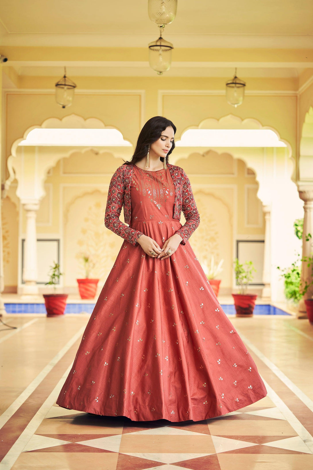 Marvelous Wedding Wear Gown With Shrug In Dusty Orange - Indiakreations