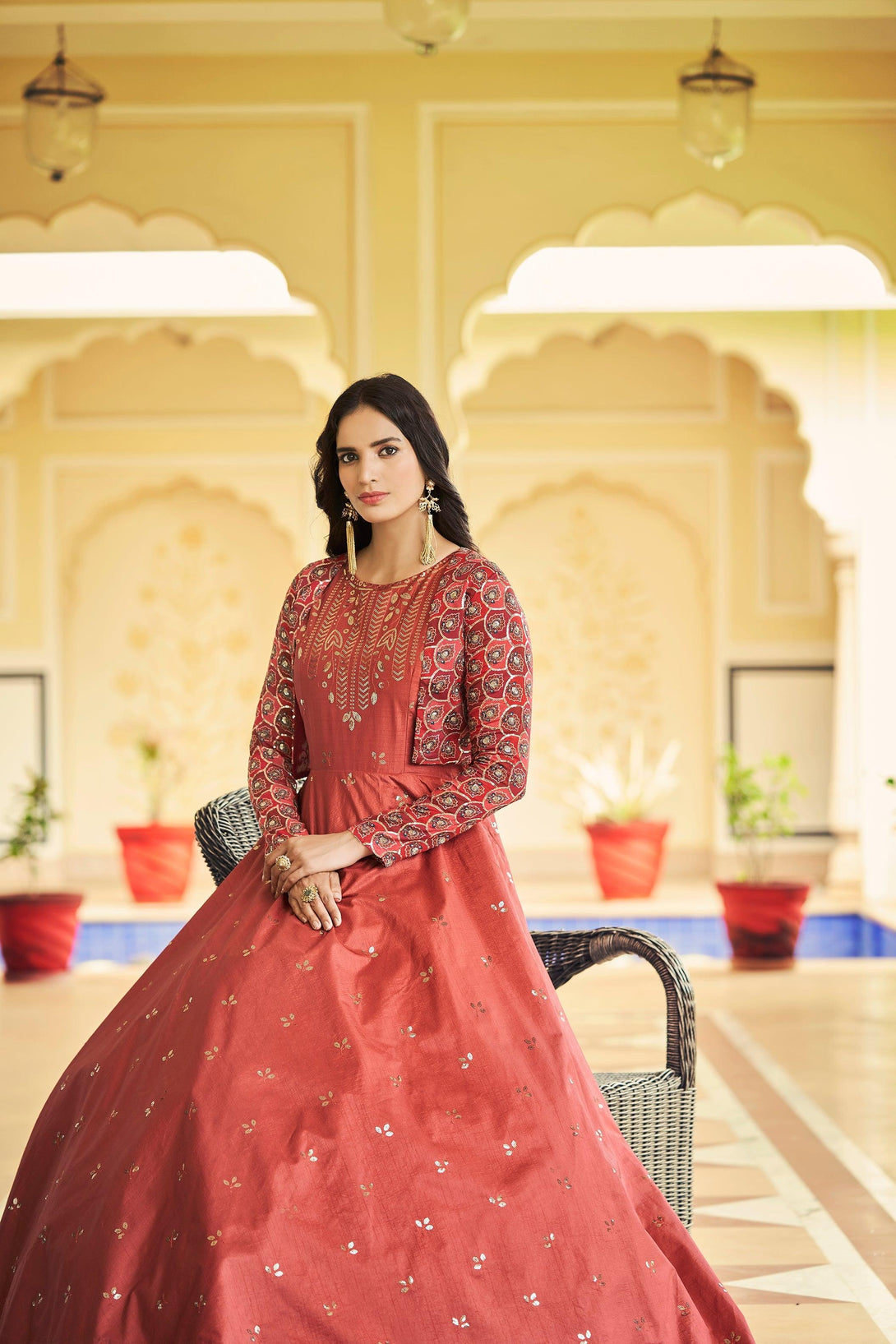 Marvelous Wedding Wear Gown With Shrug In Dusty Orange - Indiakreations