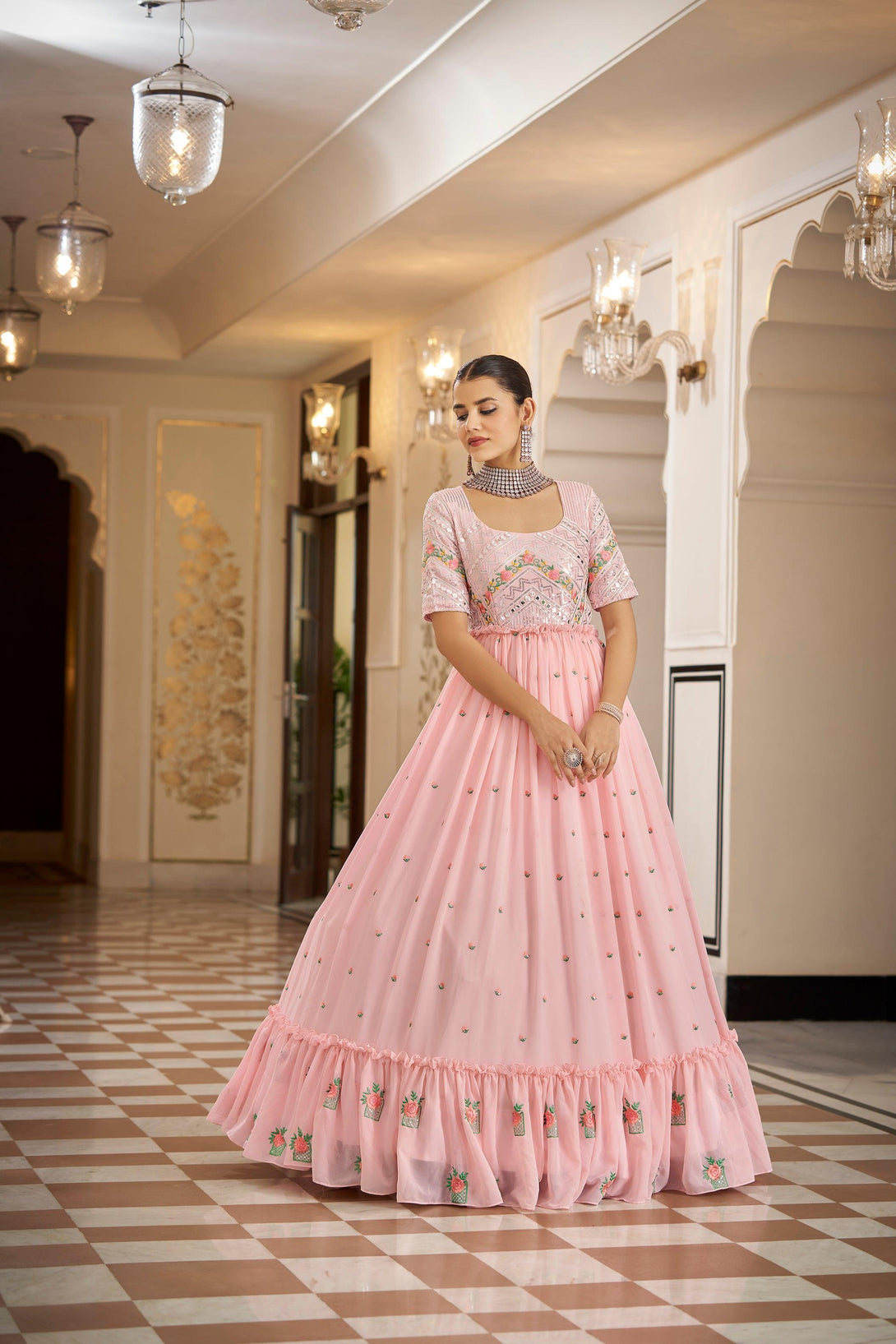 Latest Designer Sangeet Gown In Pink - Indiakreations