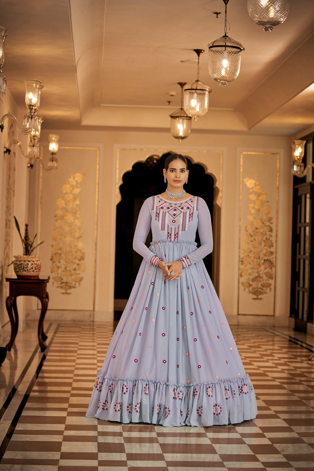 Latest Georgette Trendy Gown In Light Blue - Indiakreations