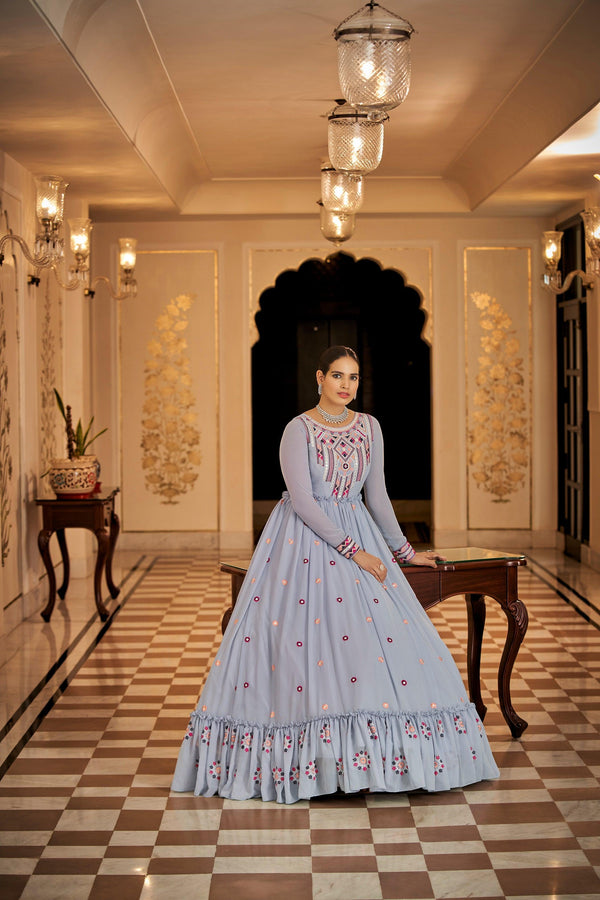 Latest Georgette Trendy Gown In Light Blue - Indiakreations