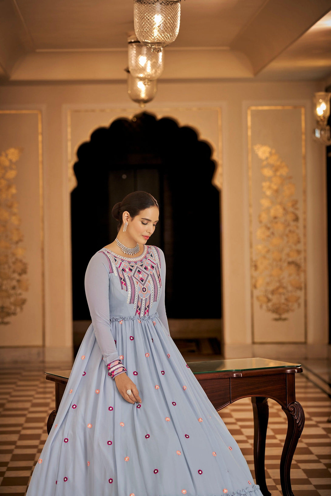 Latest Georgette Trendy Gown In Light Blue - Indiakreations