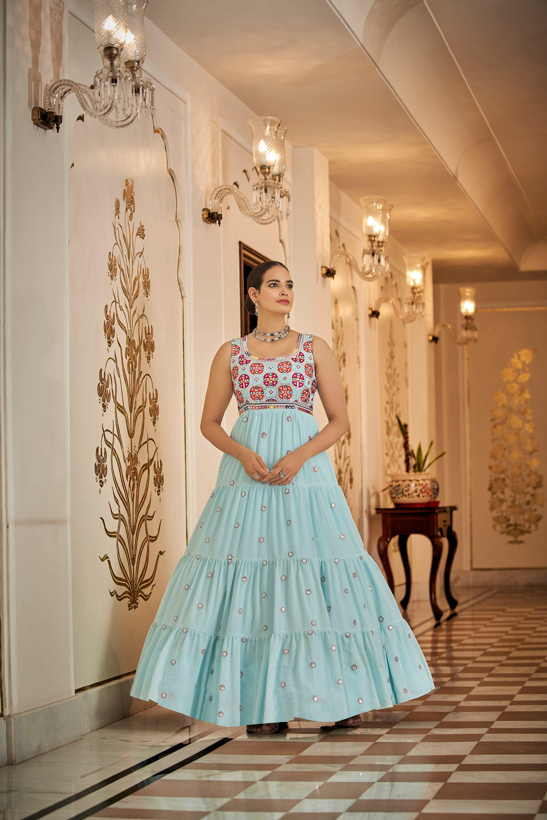 Georgette Embroidered Designer Gown In Sky Blue - Indiakreations