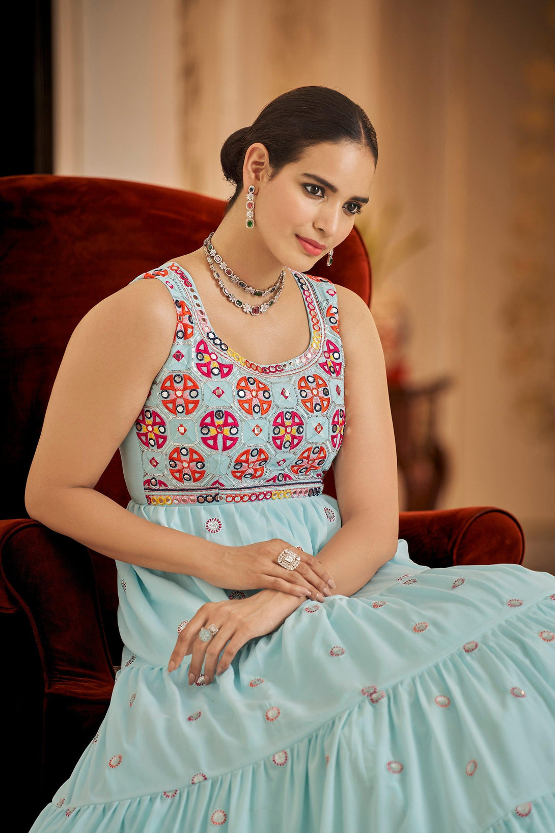 Georgette Embroidered Designer Gown In Sky Blue - Indiakreations