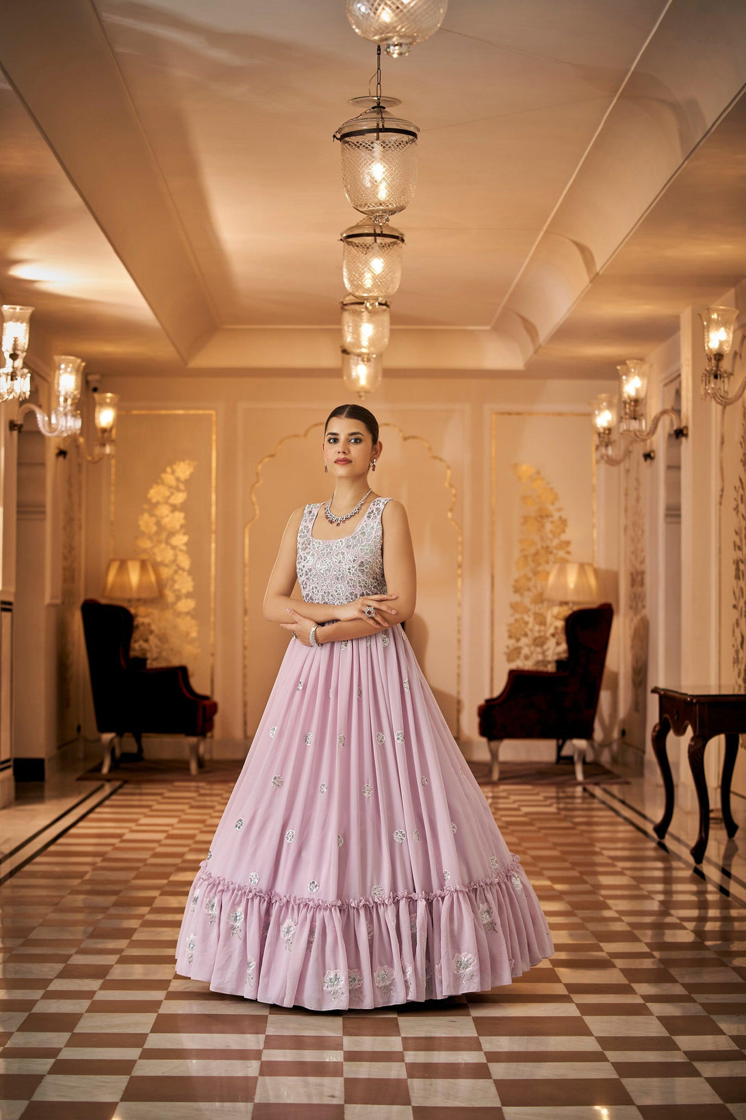 Latest Dusty Pink Embroidered Long Anarkali Gown - Indiakreations