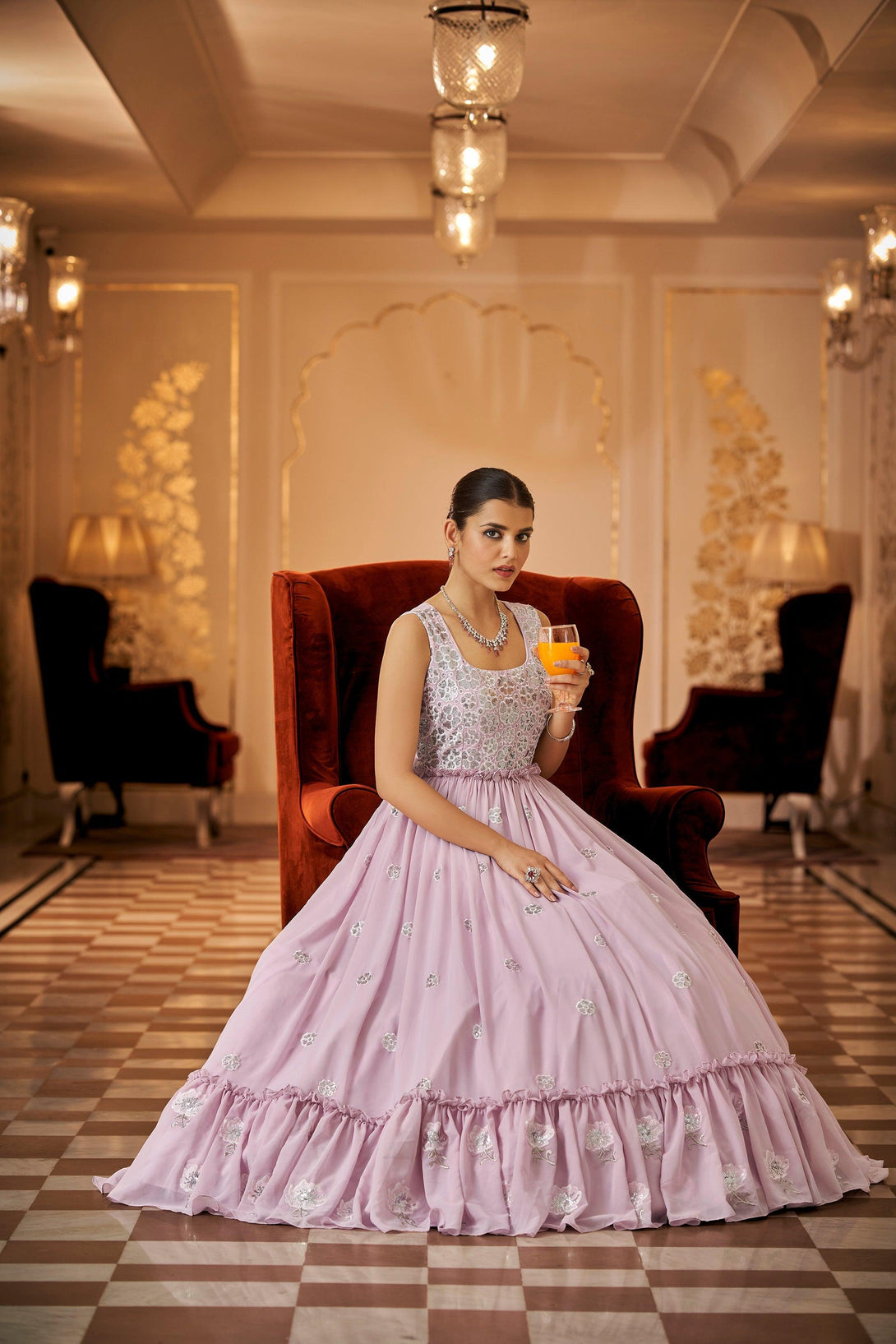 Latest Dusty Pink Embroidered Long Anarkali Gown - Indiakreations