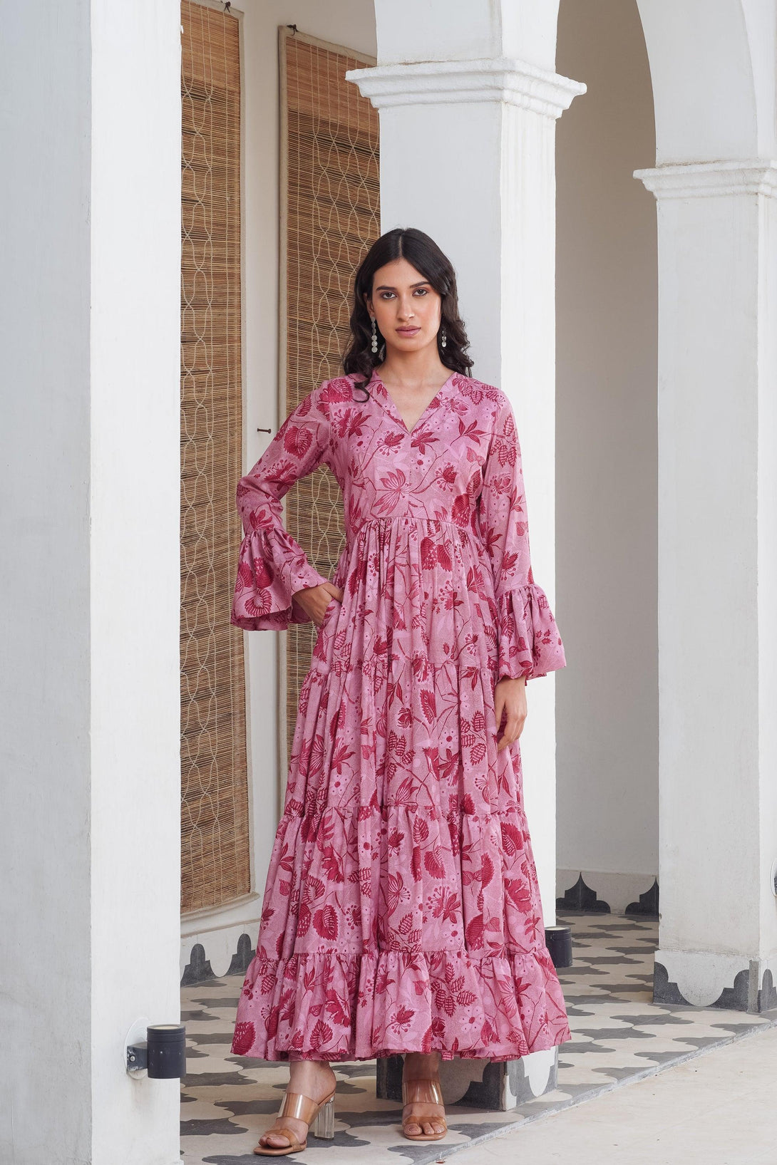 Pink floral frill Maxi - Indiakreations