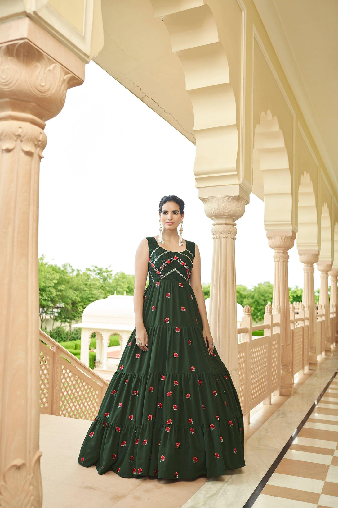 Olive Green Designer Embroidered Gown - Indiakreations