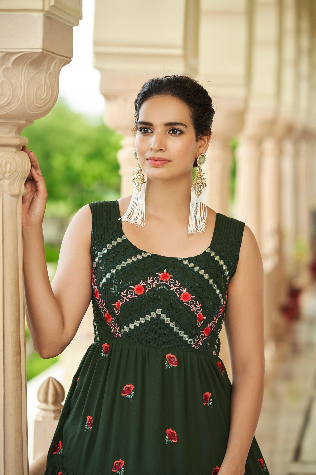 Olive Green Designer Embroidered Gown - Indiakreations