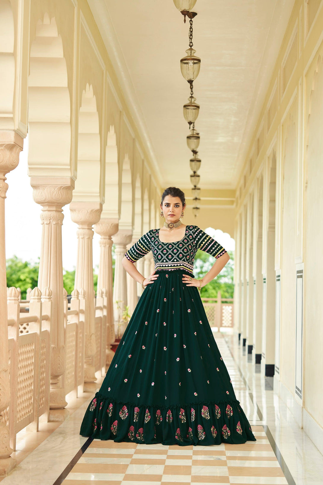 Designer Georgette Anarkali Long Gown In Green - Indiakreations