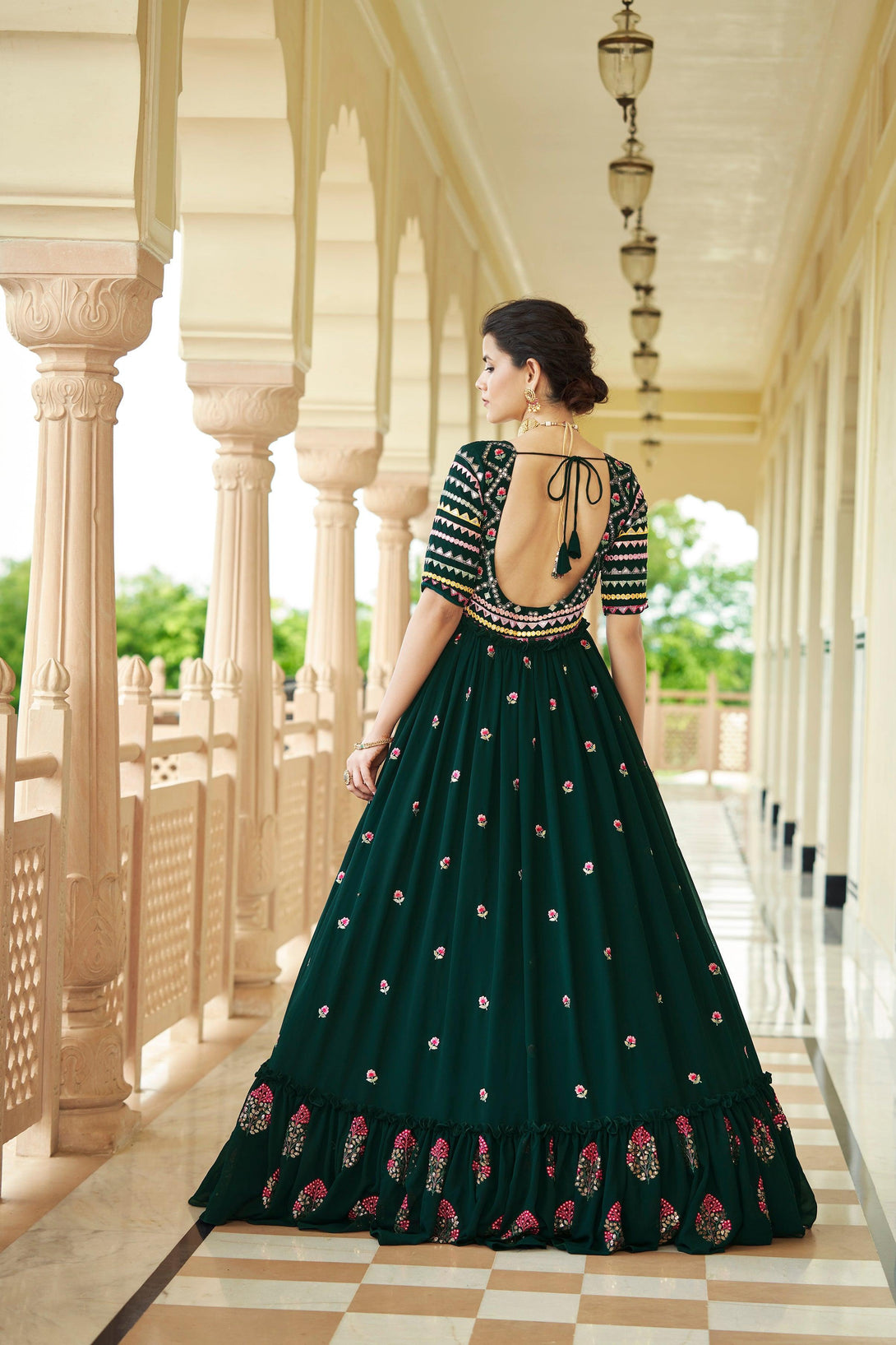 Designer Georgette Anarkali Long Gown In Green - Indiakreations