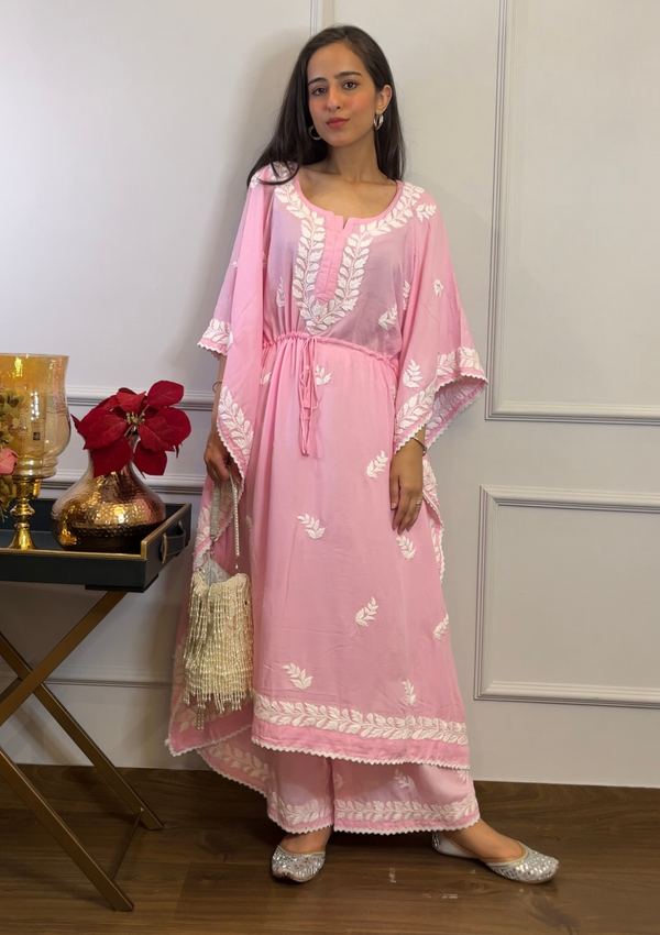 Afreen kaftan set with Chikankari embroidery and modal cotton in pink  colour