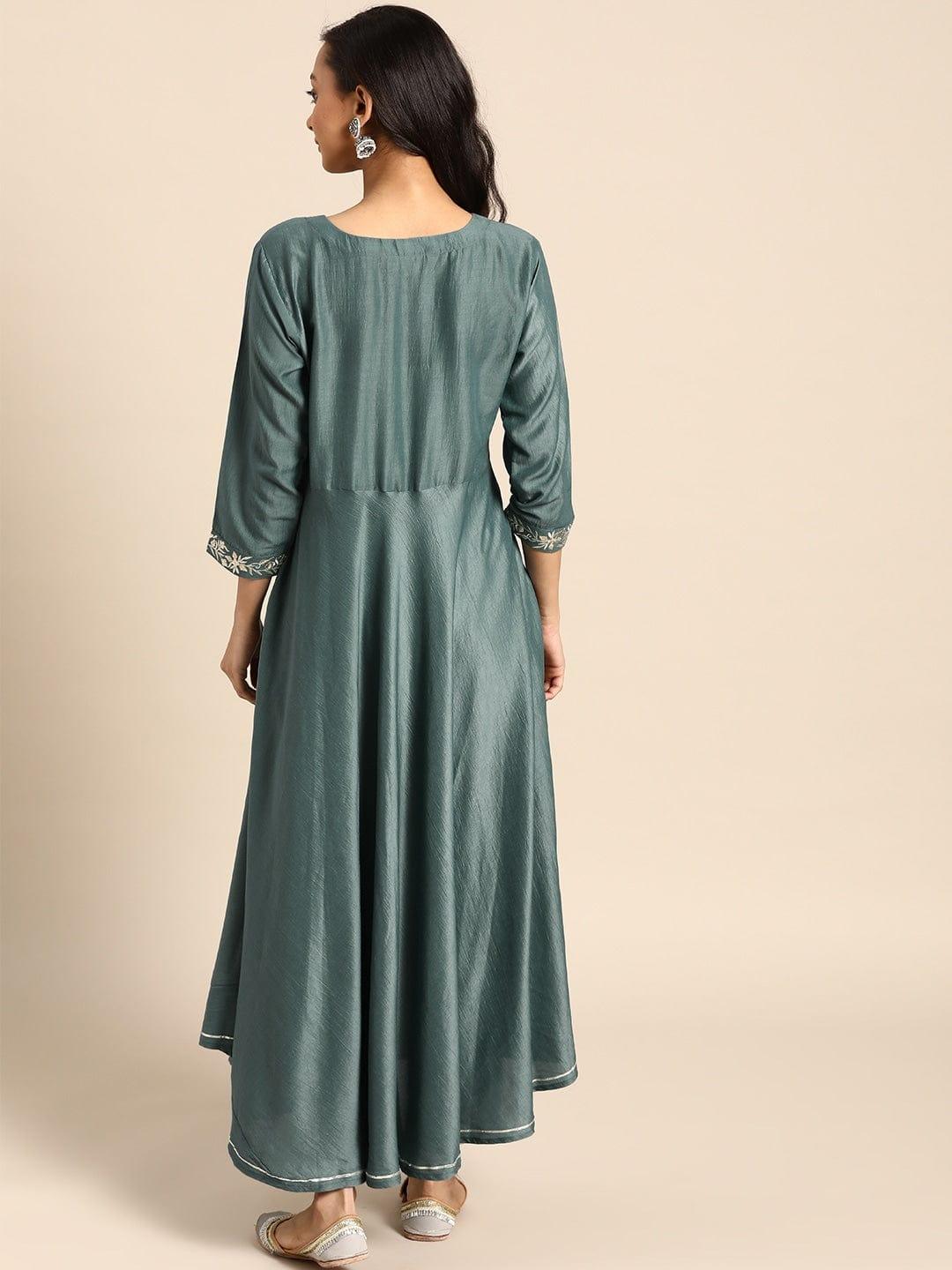 Teal Green Embroidered Kurta with Trousers - Indiakreations