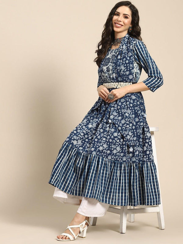 Navy Blue & White Ethnic Motifs Printed Cotton Block Print Anarkali Kurta - Indiakreations