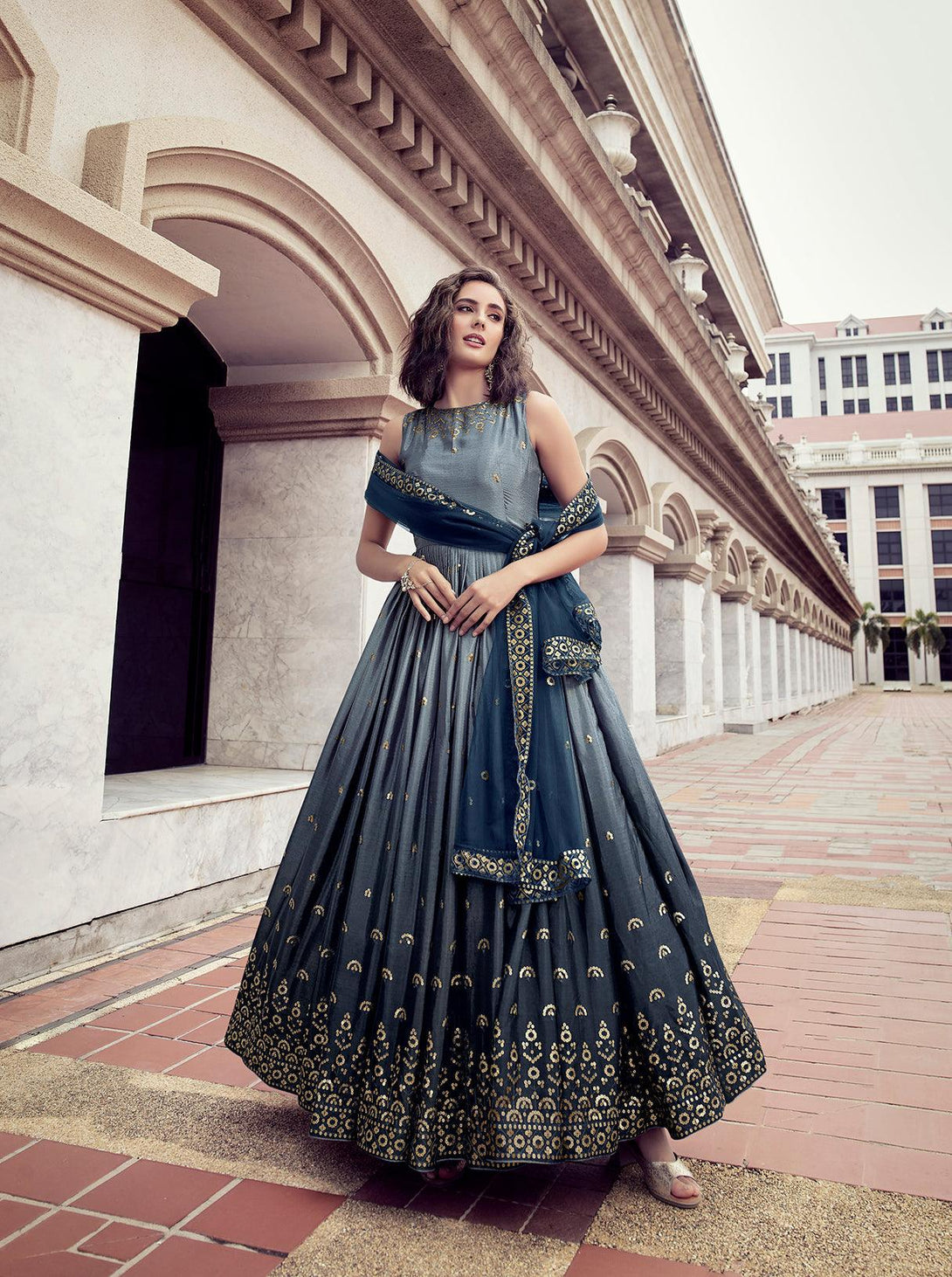 Thread Embroidered Chinon Trendy Gown In Grey And Blue - Indiakreations