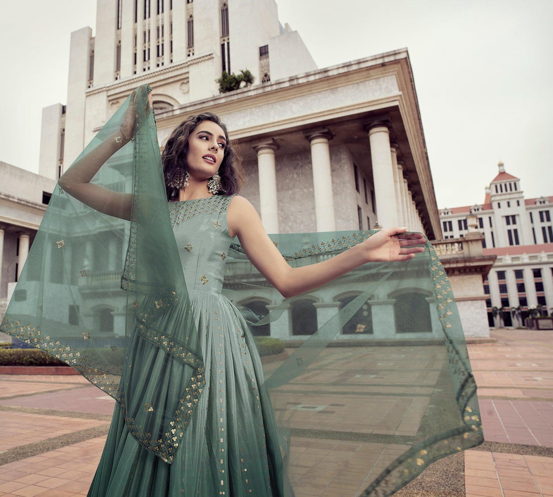 Chinon Thread Sequence Floor Length Gown In Pista Green - Indiakreations